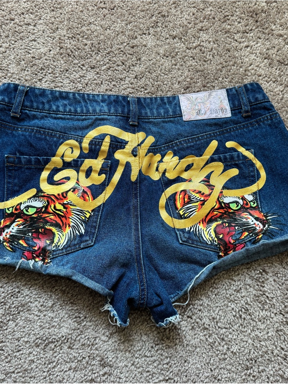 Ed Hardy Blue Denim Jean Shorts with Yellow Script and Multicolor Tiger Graphics